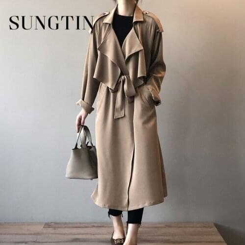 Sungtin 2021 New Vintage Solid Color Loose Trench Coat Women Oversized with Belt Simple Korean Female Windbreaker Casual Coats