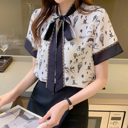 Vintage printing blouse women Casual short sleeve female top shirt Bow lacing office ladies blouse shirt 2021 korean fashion