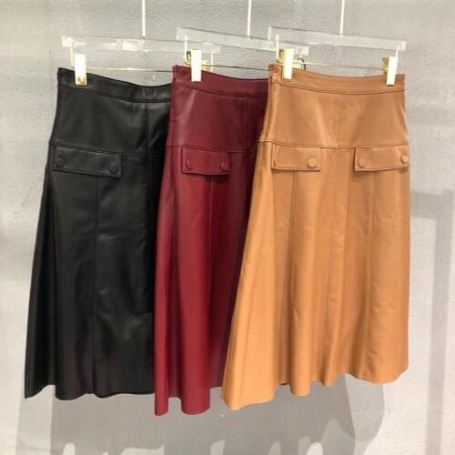 Women Skirt Long 100% Lamb Genuine Leather Fashion Real Sheepskin Skirt Female High Waist H818