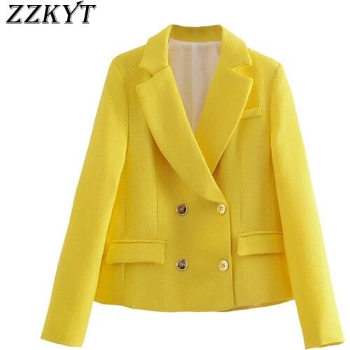 2021 Women Spring Vintage Yellow Tweed Jacket Coat Fashion Lapel Collar Double Breasted Office Lady Female Outerwear Chic Tops