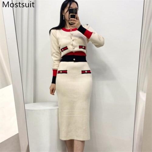 Color-blocked Korean Vintage Knitted Two Piece Skirt Sets Women Single-breasted Cardigan + High Waist Skirt Ladies Elegant Sets