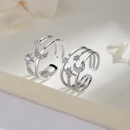 A Girl' Sweet Double Layer Star Moon Opening Ring For Women Korean Delicate Zircon Finger Ring Wedding Jewelry