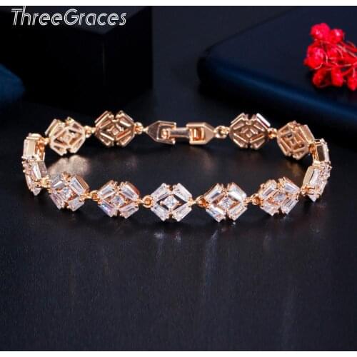 ThreeGraces 2020 Sparkling White Cubic Zircon 585 Gold Color Geometric Chain Bracelet for Women Party Wedding Jewelry Gift BR141