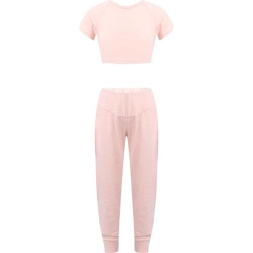Children Dance Outfits Kids Girls Summer Short Sleeve Tops Exercise Workout Running Crop Top Breahthable High Waist Pants Set