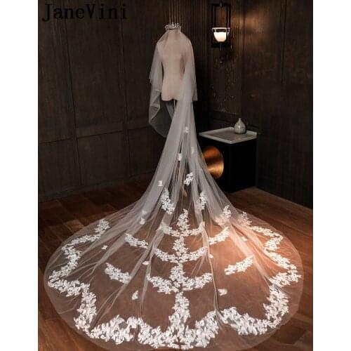 JaneVini 2020 White Lace Appliqued Wedding Veil Long with Comb 2 Tier Cathedral 3 Meters Bridal Veils Bride Wedding Accessories
