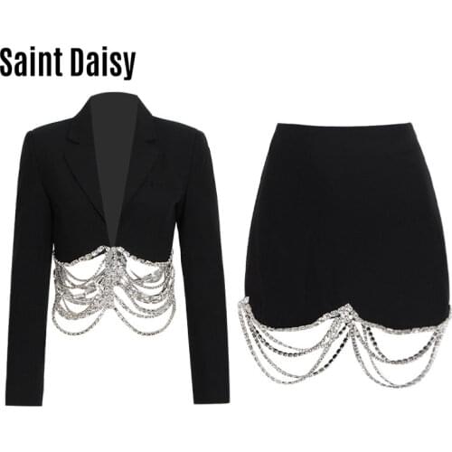 SaintDaisy Crystal Skirt Suit Black Sexy Club Two Piece Set Sheath Summer Above Knee Mini Turn-Down Collar Single Button 00860