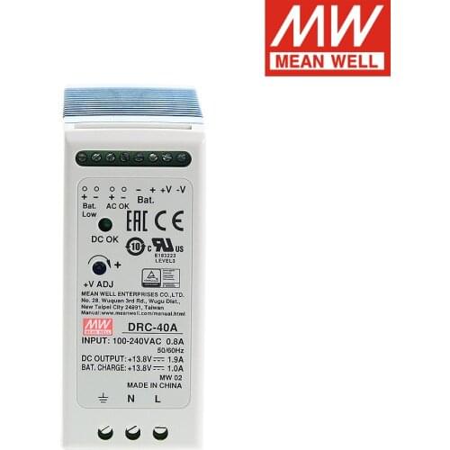Mean Well DRC-40A 40W 13.8V 1.9A Floating Charging DC Din Rail Type UPS Security Switching Power Supply DC OK