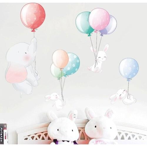 Cartoon Multicolor Balloon Elephant Wall Stickers for Kids Room Kindergarten Wall Decor Rabbit Wall Decals Home Decor
