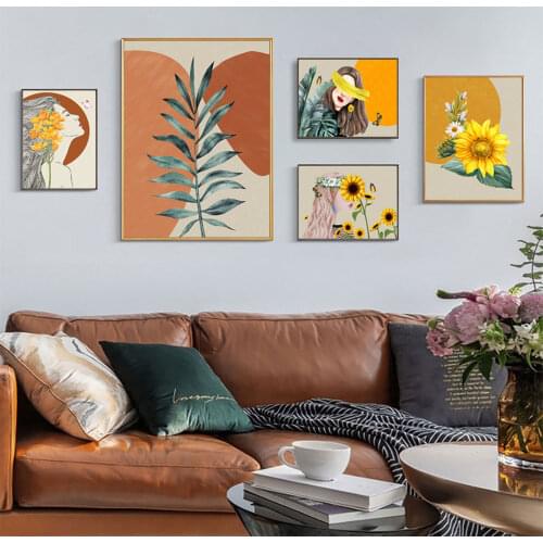 Wall Art Painting Character Picture Nordic Simple Canvas Painting Sunflower Leaf Combination Home Decoration Painting