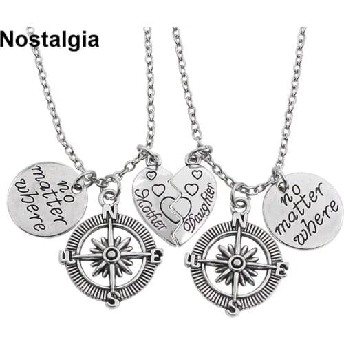 Nostalgia One Pair Mother And Daughter Broken Heart Compass Necklace Mothers Day Gift Inspirational Jewelry No Matter Where