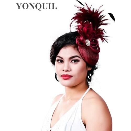 Charming Girl Sinamay Fascinators Hats Ladies Wedding Hair Accessories Hairpins Women Flower Wine Feather Headwear Headband