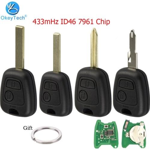 OkeyTech For Peugeot 106 206 107 207 306 307 407 2 Buttons Remote Car Key 433mHz ID46 PCF7946 Transponder Chip Uncut Blank Blade