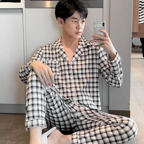 2021 Autumn Plus Size Long Sleeve Casual Plaid Pajama Sets for Men Loose Sleepwear Suit Pyjama Male Homewear Loungewear Clothes