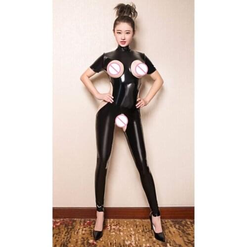 Plus Size PVC Glitter Turtleneck Rompers Womens Jumpsuit Hollow Out Bodystocking Sexy Hot Erotic Lingerie Open Crotch Bodysuit