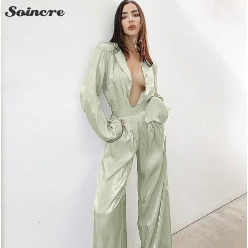 Casual Satin Womens Suit 2021 Fashion Long-sleeved Loose Shirt Trousers Two-piece Suit High Street Autumn New Blouse Shirts