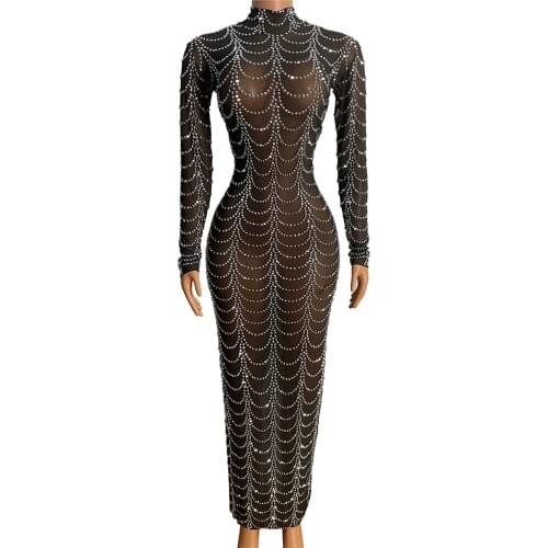 Black Mesh Sparkly Silver Rhinestones Transparent Long Dress Women Evening Birthday Celebrate Dance Costume Singer Show Wear
