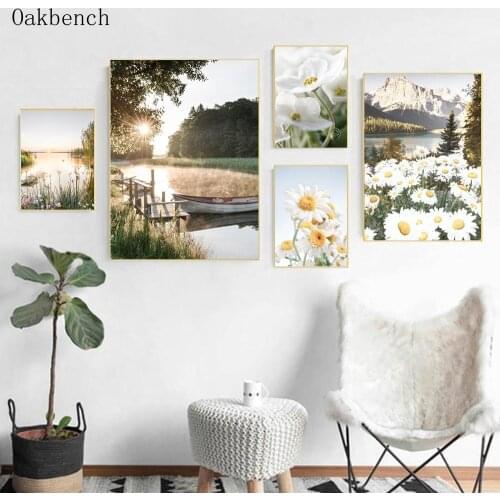 Scandinavian Wall Art Canvas Landscape Painting Mountain Lake Boat Poster Flower Print Sunrise Posters Modern Picture Room Decor