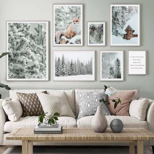 Snow House Fox Forest Pine Cones Quotes Wall Art Canvas Painting Nordic Posters And Prints Wall Pictures For Living Room Decor