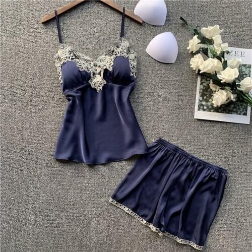 SR068 Solid Faux Silk Lace Sexy Lingerie Homewear Satin Sleepwear Womens Pajama Set Paded Nightwear Female Cami Top and Shorts