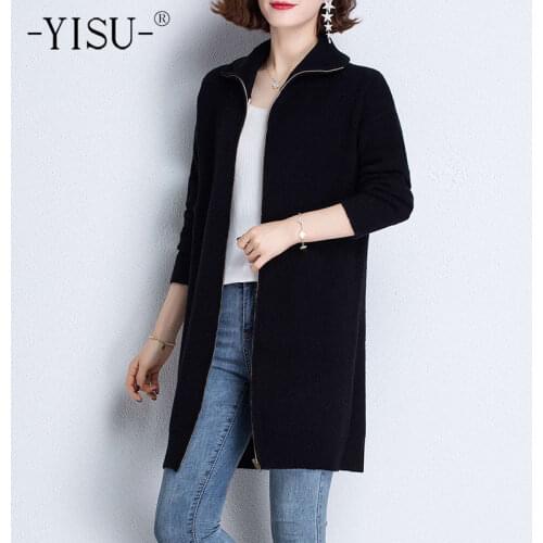 YISU 2021 Spring Long Women Sweater Cardigan lapel zipper Printing Cardigan for women Female Long sleeve Casual Knitted Cardigan