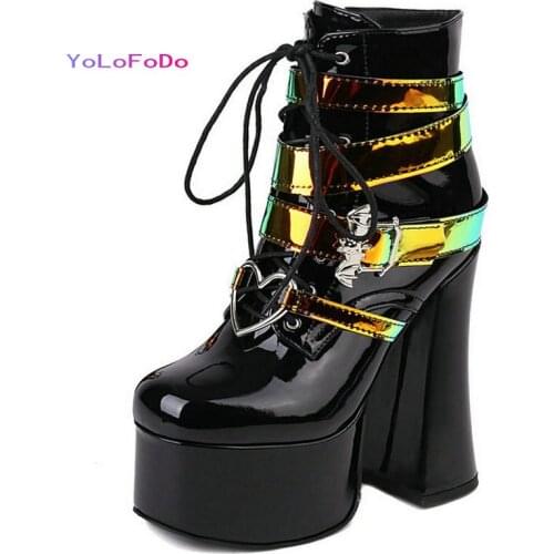 Patent PU Leather 2021 Women Ankle Boots Platform Square High Heel Ladies Short Boots Fashion Zipper Cross Tied Womens Boots