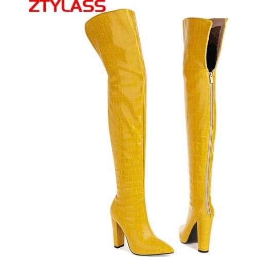 Women Stone Print Square High Heel Over The Knee Boots Fashion Zipper Blue Yellow Long Boots Autumn Winter Pointed Toe Shoes