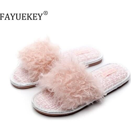 FAYUEKEY 2020 Womens Fox Fur Slippers Woman Slides Furry Flat Sandals Female Lovely Fluffy Shoes Homes non-slip Flip Flops