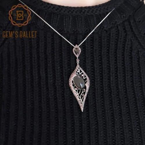 GEMS BALLET Natural Smoky Quartz Gemstone Vintage Gothic Punk Pendant 100% 925 Sterling Sliver Necklace For Women Party Jewelry