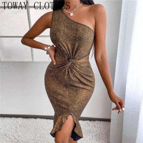 Sequined Elegant Ruffles Hem Bodycon Dress Women Dress One Shoulder Waist Twisted Ruffles Hem Dress