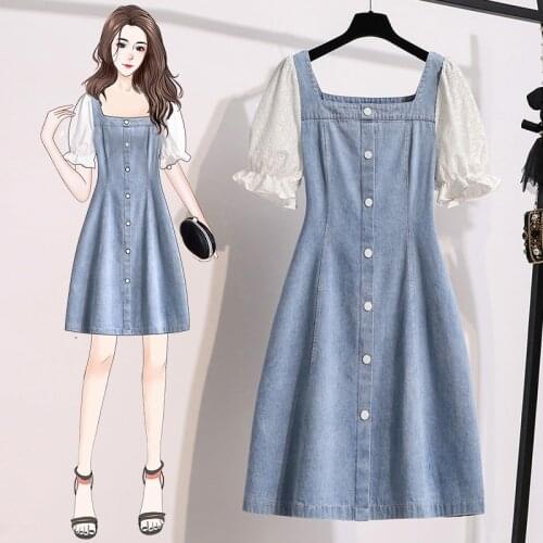 New French Style Slim Waist With Square Neck And Bubble Sleeve Denim Dress In Summer 2021