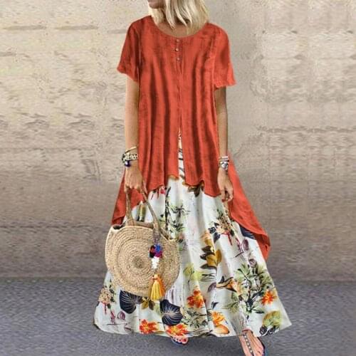 Women Dress Floral Print Breathable Linen Blend Pacthwork Long Dress for Holiday