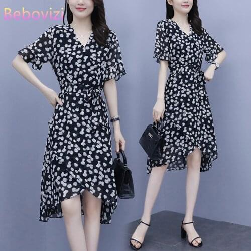 Fashion Plus Size 3XL 4XL 5XL Black Chiffon V-neck Floral Elegance Midi Dress for Women Short Sleeve Summer Casual Office Lady