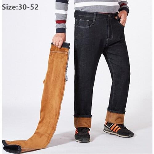 Winter Jeans Mens Fleece Warm High Waisted Male Stretch Pants Black Plus Size 44 46 48 50 52 Men Denim Thick Velvet Man Trousers