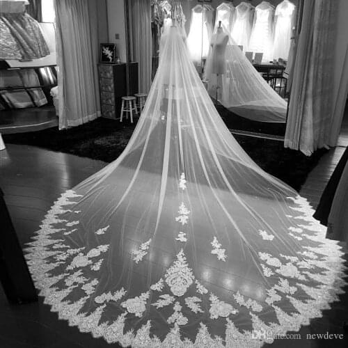 2019 Fashion Bridal Veils Cathedral Length Full Lace Edge Appliqued Tulle Bridal Veil One Layer with Combs Wedding Veils