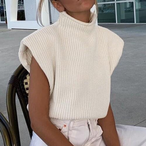 2020 Turtleneck Sleeveless Vest Sweater Women Solid Shoulder Pads Knitted Pullover Autumn Winter Jumper Casual Tops Fashion