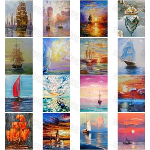 Diy Diamond Painting Personality Creative Red Sailing Sailing Boat Sailing On Calm Sea Beautiful Still Life Poster Painting