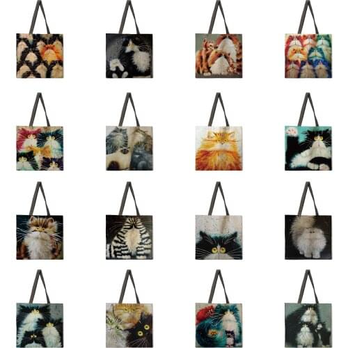 Colorful cat tote bag shoulder bag linen fabric casual tote bag foldable shopping bag reusable beach bag