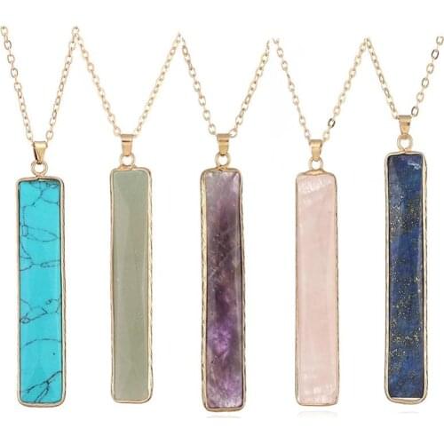 Long Bar Stone Necklace Gold Chain Vertical Unique Sweater Necklace for Women Bar Delicate Natural Stone Pendant Boho Jewelry