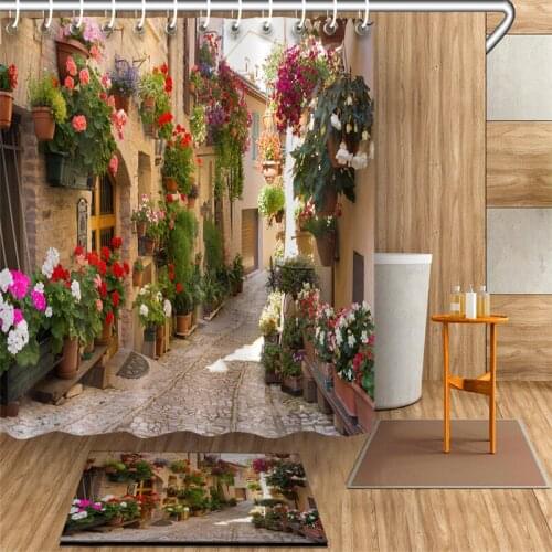 LB European Shower Curtain with Nature Scene,3D Printing Mediterranean Greece Scene Old Street Flowers Picture,Waterproof