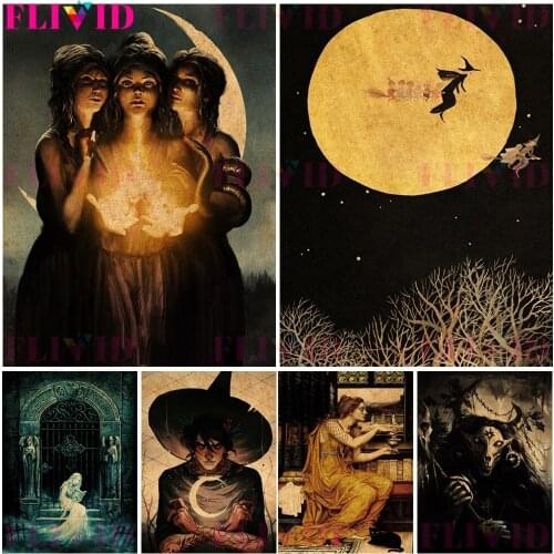 Three Witch Worshipping The Moon Wall Art Canvas Painting Young Baba Yaga Wizard And Ferry Ghost Poster And Print Decor Unframed