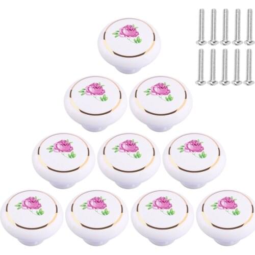 10pcs Flower Pattern European Style Ceramic Handle Graceful Doorknob For Cabinet Drawer Wardrobe Door - Pink Flower Golden Edge