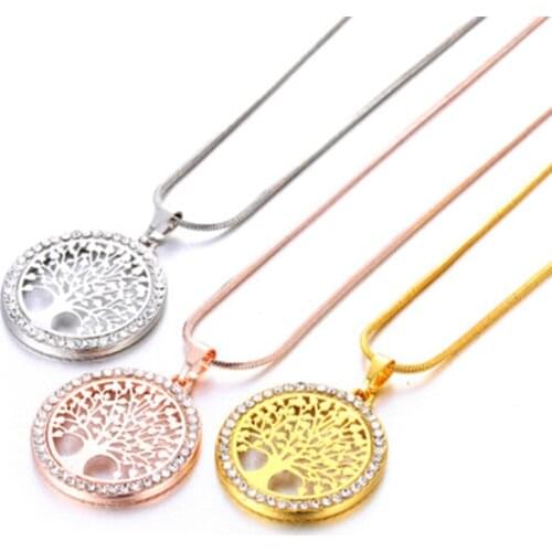 Tree of life Crystal Round Pendant Necklaces Rose Gold Long Sweater Chain Elegant Necklace Fashion Women Party Jewelry