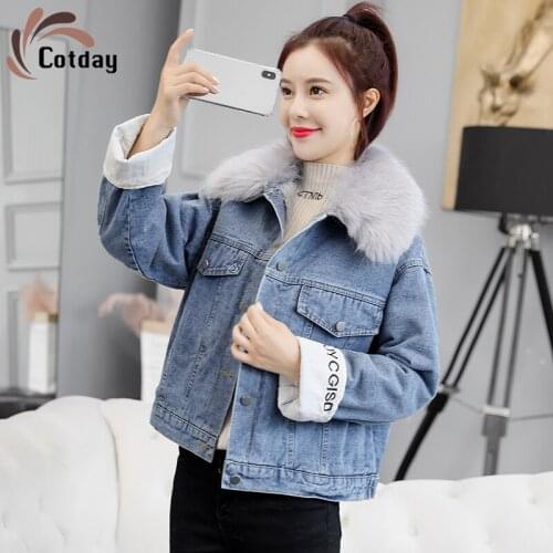 Cotday Large Collar Letter Vintage Winter New Korean Version Denim Of Short Plush And Thicken Womens Cotton Padded Jacket Coat
