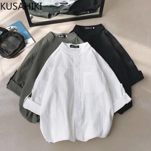 KUSAHIKI Causal Stand Neck Woman Shirts Three Quarter Sleeve Korean Solid Blouses 2021 Summer New Blusas Mujer De Moda 6J839
