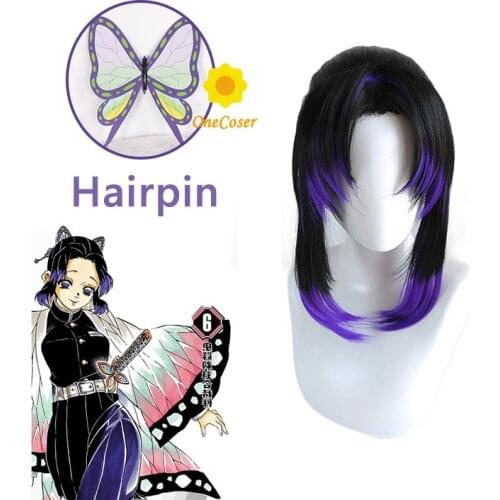 Anime Demon Slayer Kochou Shinobu Cosplay Wig Kimetsu no Yaiba Butterfly Hairpin Heat-resistant Fiber Hair + Wig Cap Party Girls