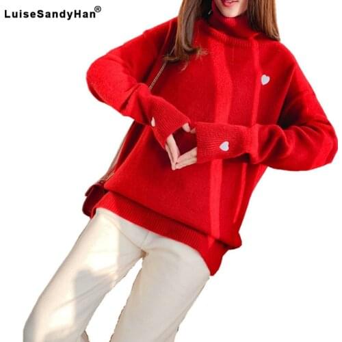 Turtleneck Pullover Women Winter Clothes 2021 Korean Casual Heart Embroidery Knitted Blusa Thick Sweaters for Women