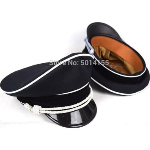 Replica WW2 German Elite Whipcord Officer Hat Cap W White Chin Pipe Silver Cord Black