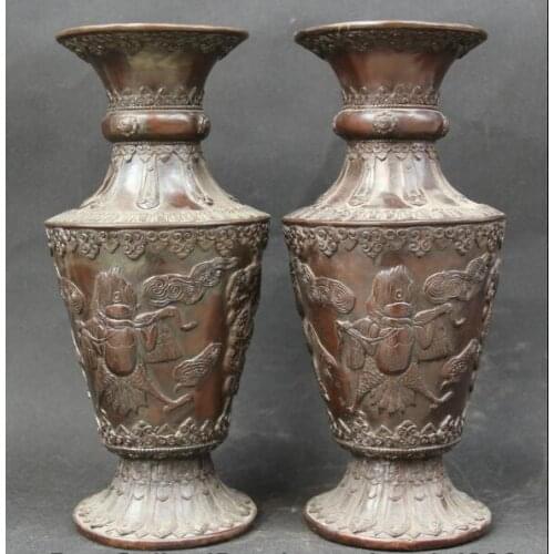 S00924 12" Marked Chinese Bronze Dragon Winged Garuda Bird Flower Bottle Vase Pair