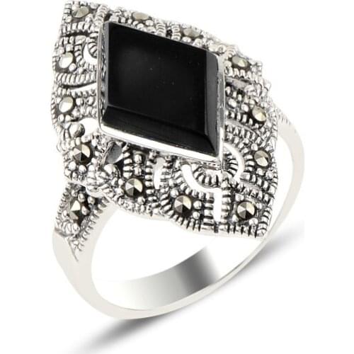 Silverlina Silver Onyx & Marcasite Ring