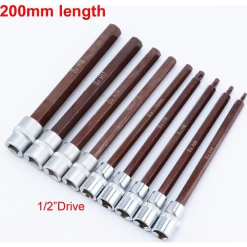 1PCS 200mm Length 1/2 Inch Drive Hex Bit Sockets H4-H19 Metric Hexagon Screwdriver Bit Sockets Hand Tools Socket Joint Hexagonal